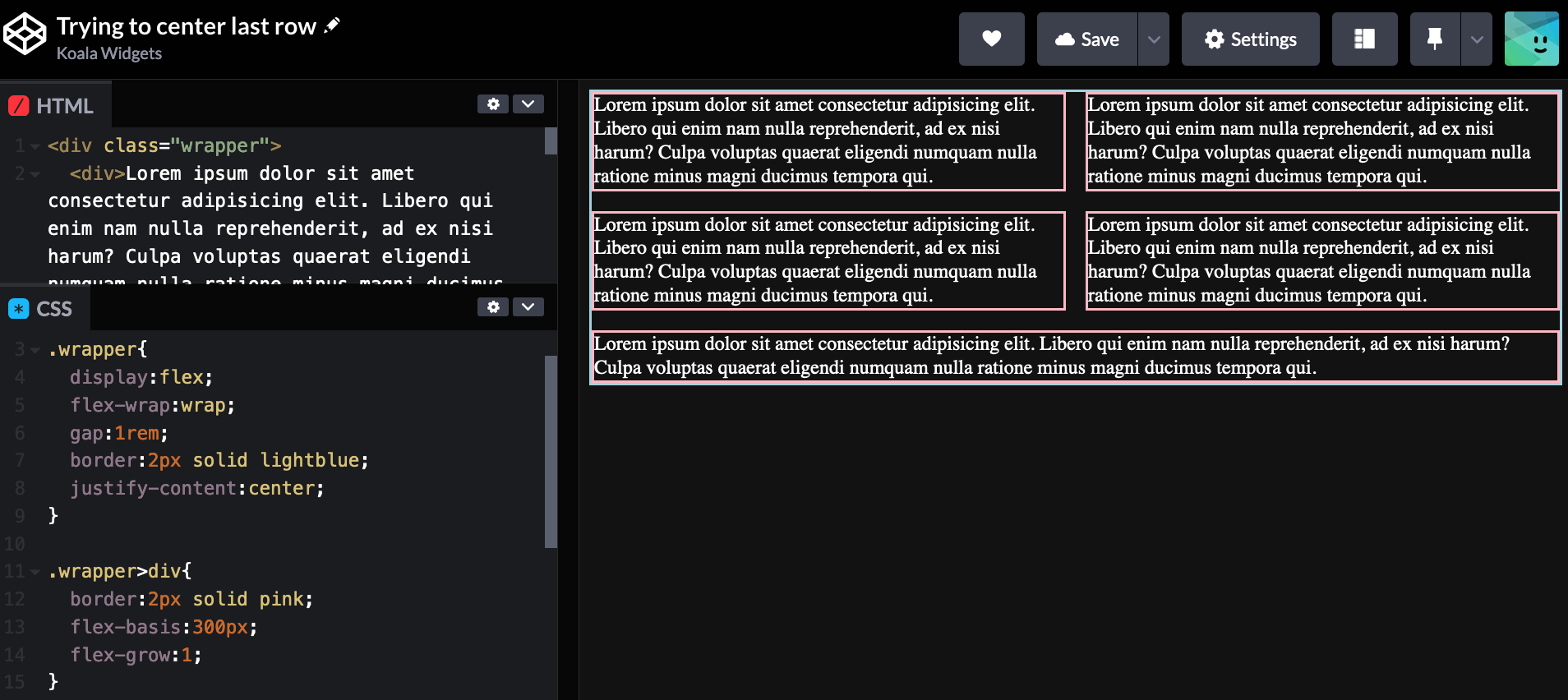 Attempt 1 to center elements in the last row using flexbox