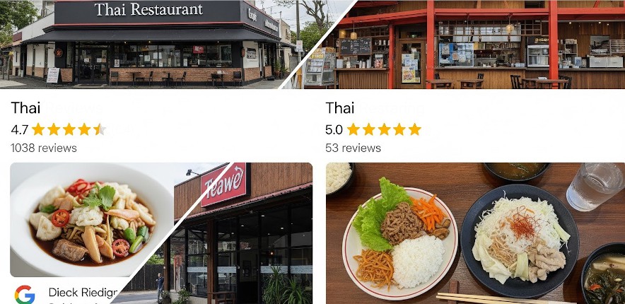 A split image. On one side a screenshot of the star rating totals from a Google Business Profile of a Thai restaurant with 1038 reviews and 4.7 average rating. On the other side a screenshot of the star rating totals from a Google Business Profile of a Thai restaurant with 53 reviews and 5.0 average rating.